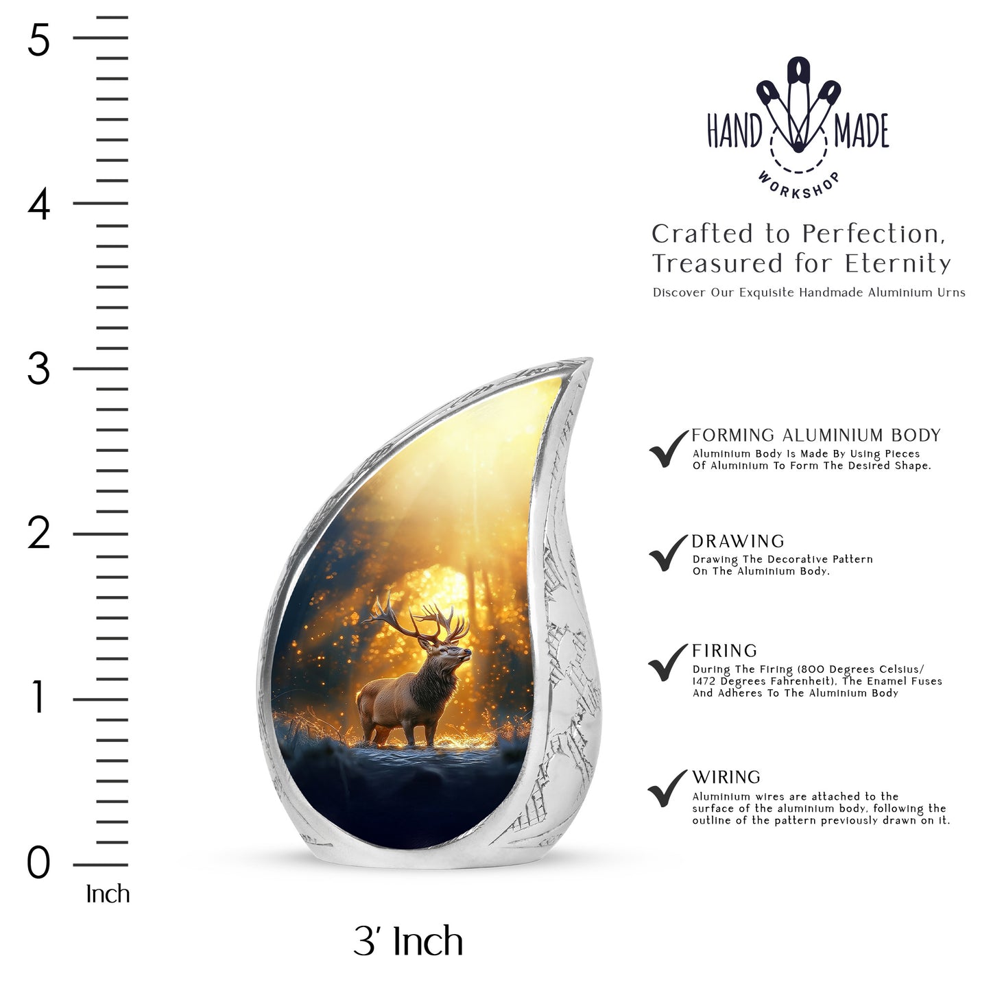 Burnished Gold Deer Cremation Urn angled view of lid and engraved motif - graceful tear-shaped urn with deer motif - mini keepsake memorial for portion of cremation ashes