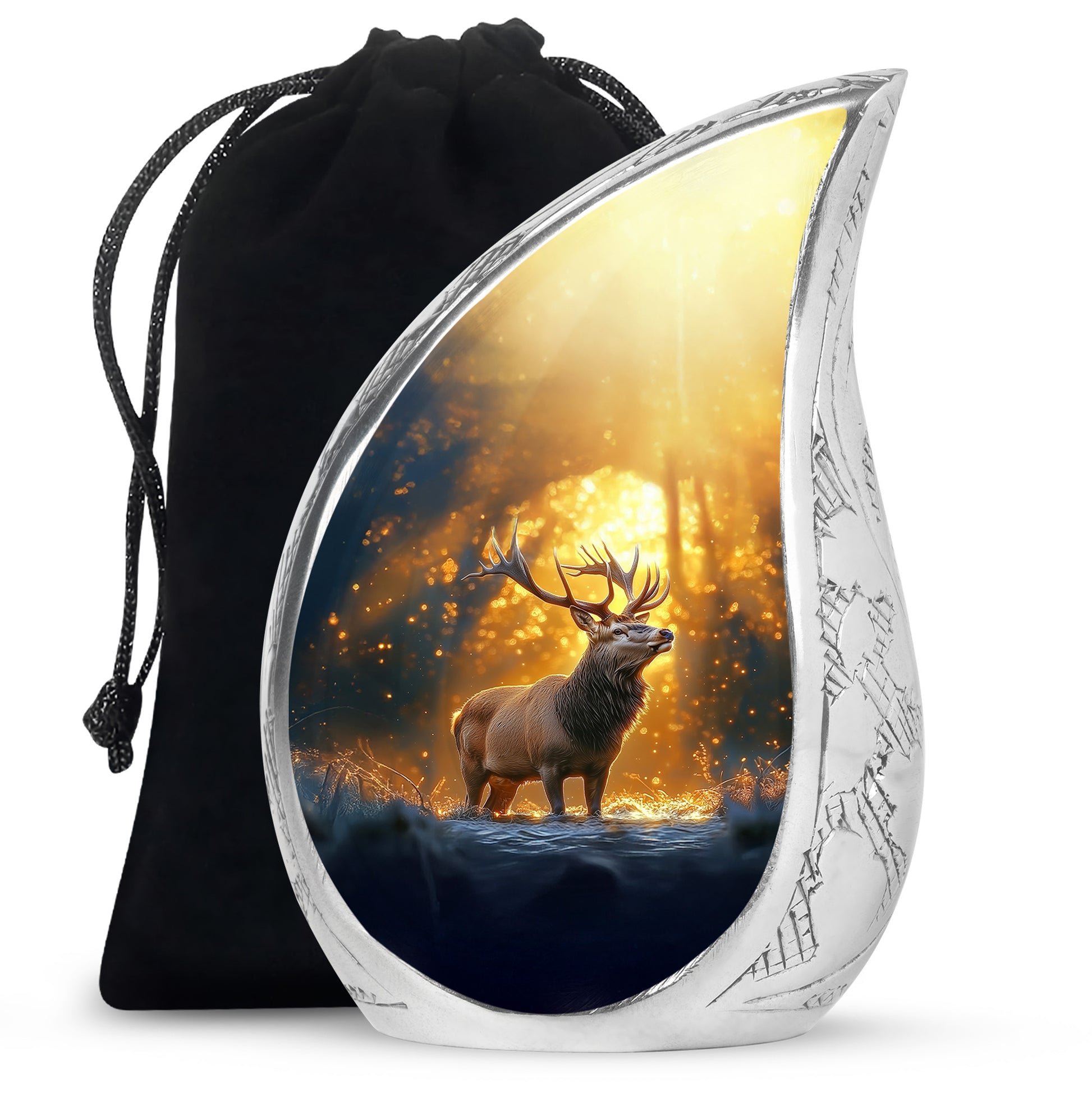 Burnished Gold Deer Cremation Urn front view showing detailed design - graceful tear-shaped urn with deer motif - full-size 10 inch 200 cubic inch adult cremation urn