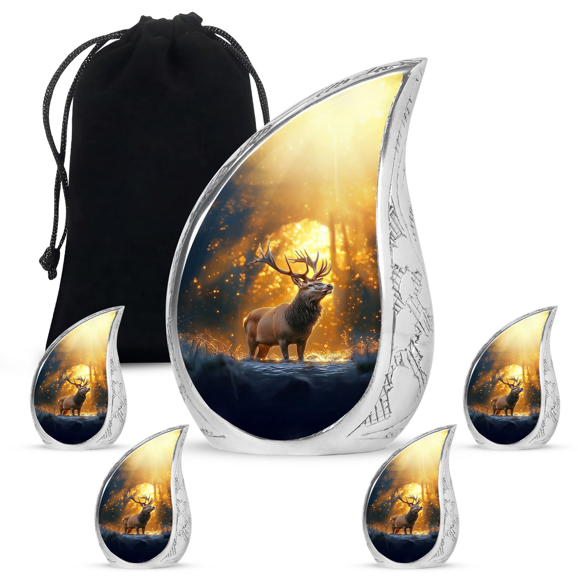 Harvest Gold Deer Cremation Urn side profile showing urn shape - graceful tear-shaped urn with deer motif - memorial set with one large and four small urns