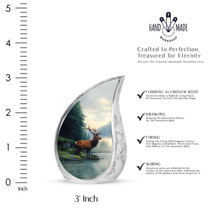 Soft Blue Deer Cremation Urn angled view of lid and engraved motif - graceful tear-shaped urn with deer motif - mini keepsake memorial for portion of cremation ashes