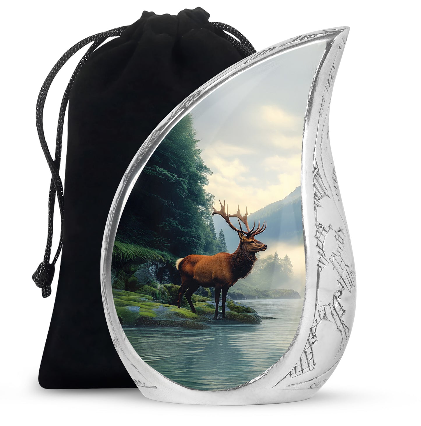 Celestial Blue Deer Cremation Urn front view showing detailed design - flowing teardrop deer silhouette on curved aluminum - full-size 10 inch 200 cubic inch adult cremation urn