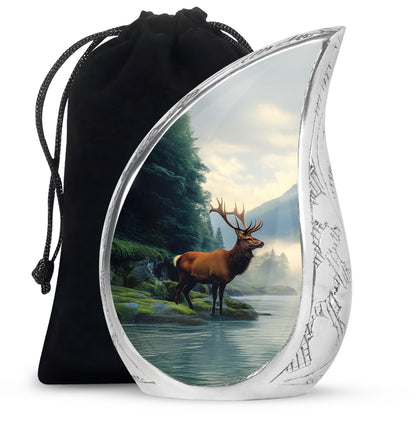 Celestial Blue Deer Cremation Urn front view showing detailed design - flowing teardrop deer silhouette on curved aluminum - full-size 10 inch 200 cubic inch adult cremation urn