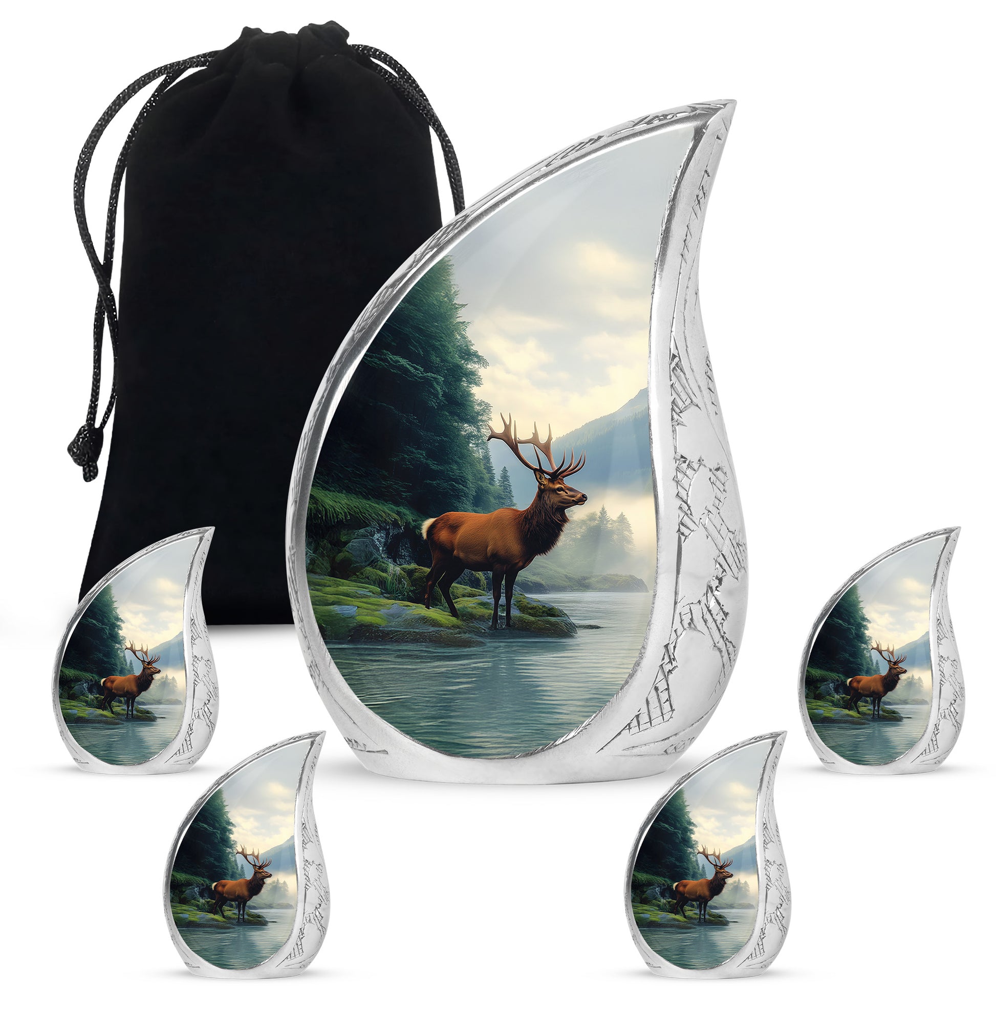 Royal Blue Deer Cremation Urn side profile showing urn shape - graceful tear-shaped urn with deer motif - memorial set with one large and four small urns
