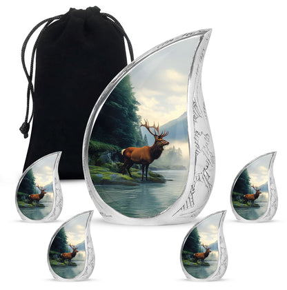 Royal Blue Deer Cremation Urn side profile showing urn shape - graceful tear-shaped urn with deer motif - memorial set with one large and four small urns