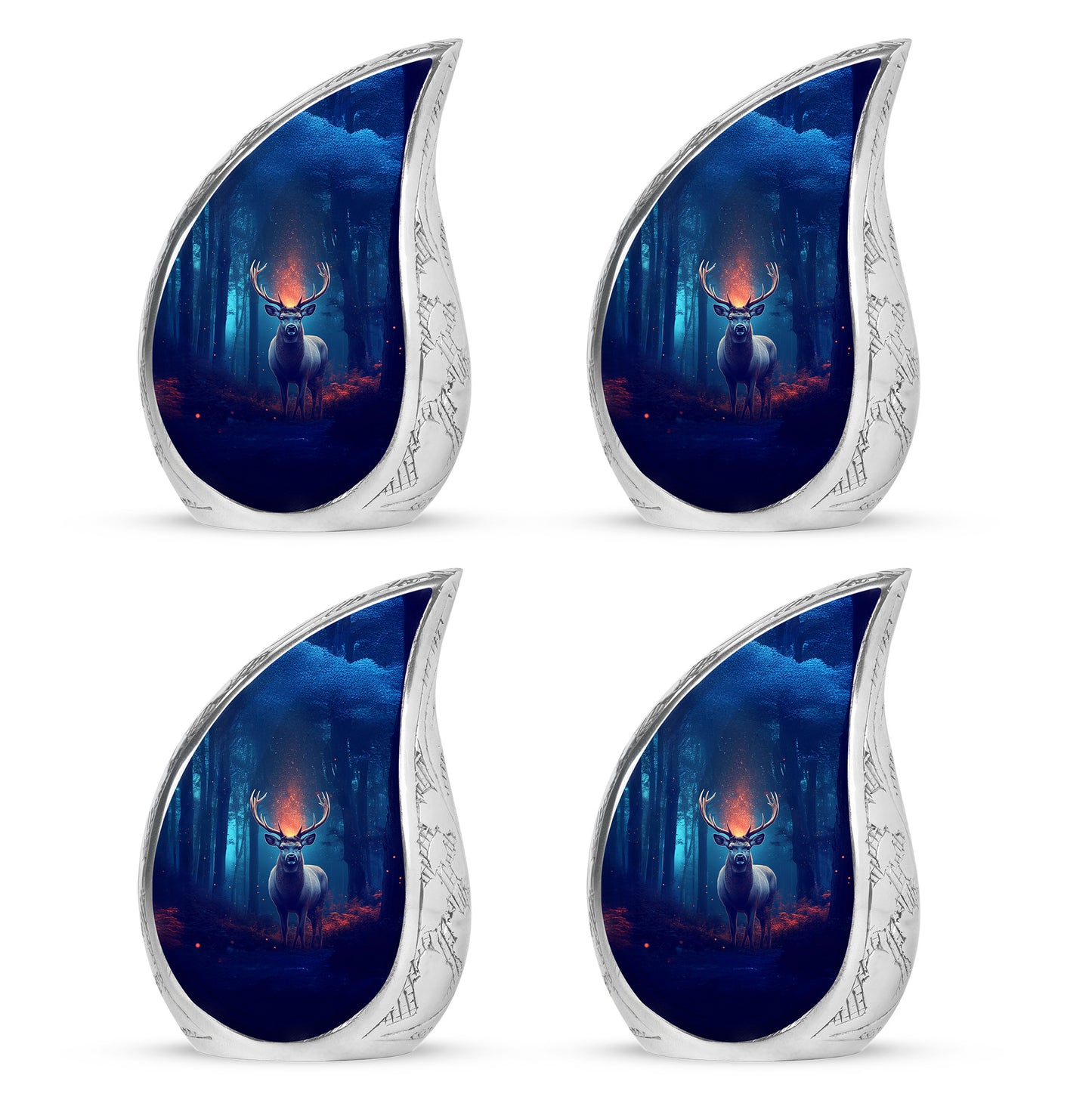 Serene Blue Deer Cremation Urn close-up of engraving and surface detail - graceful tear-shaped urn with deer motif - 10 inch aluminum urn for cremated remains