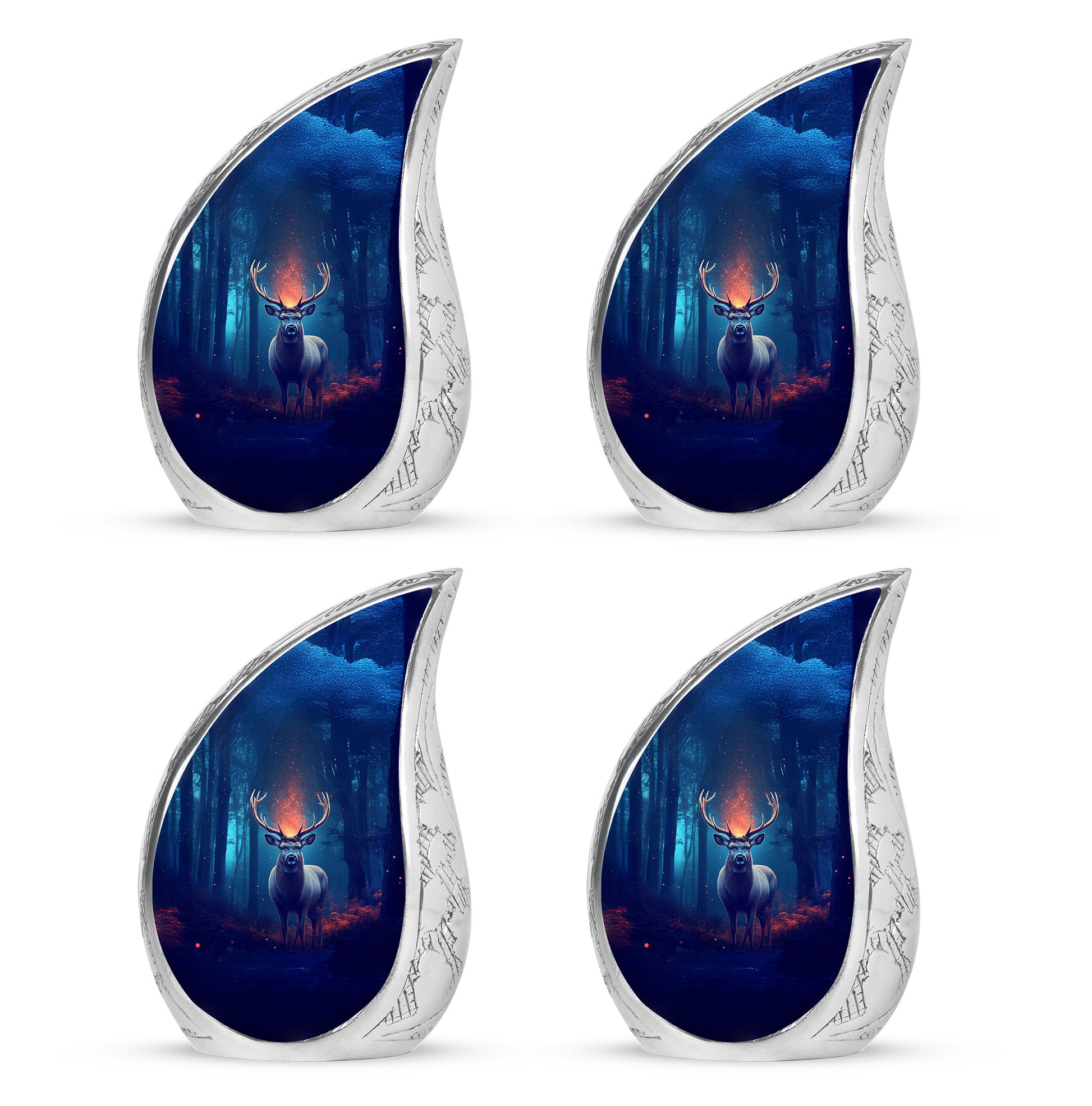 Serene Blue Deer Cremation Urn close-up of engraving and surface detail - graceful tear-shaped urn with deer motif - 10 inch aluminum urn for cremated remains