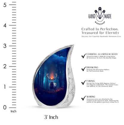 Pastel Blue Deer Cremation Urn angled view of lid and engraved motif - flowing teardrop deer silhouette on curved aluminum - mini keepsake memorial for portion of cremation ashes