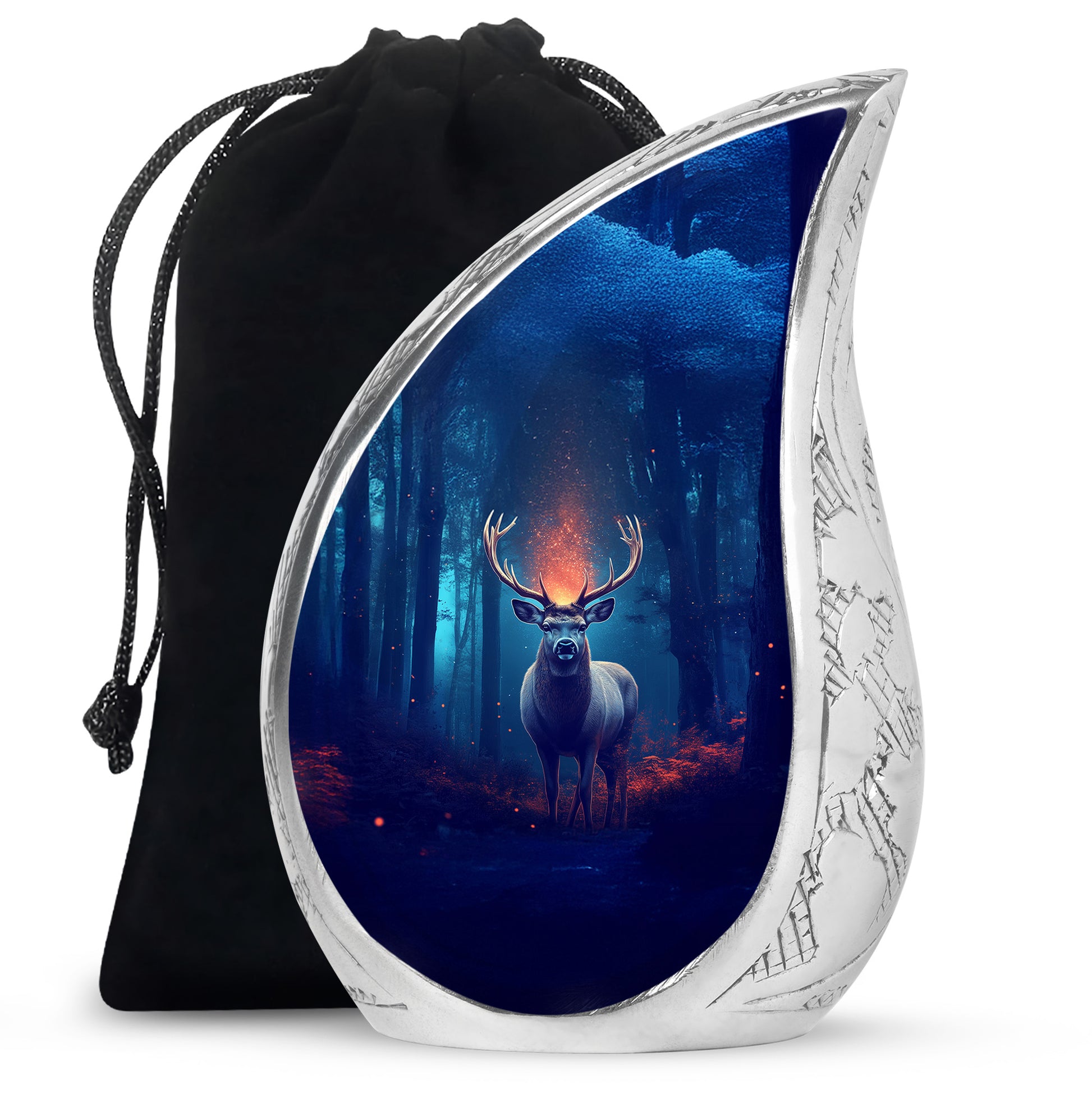 Steel Blue Deer Cremation Urn front view showing detailed design - graceful tear-shaped urn with deer motif - full-size 10 inch 200 cubic inch adult cremation urn