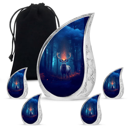 Bright Blue Deer Cremation Urn side profile showing urn shape - smooth teardrop contour featuring deer art - memorial set with one large and four small urns