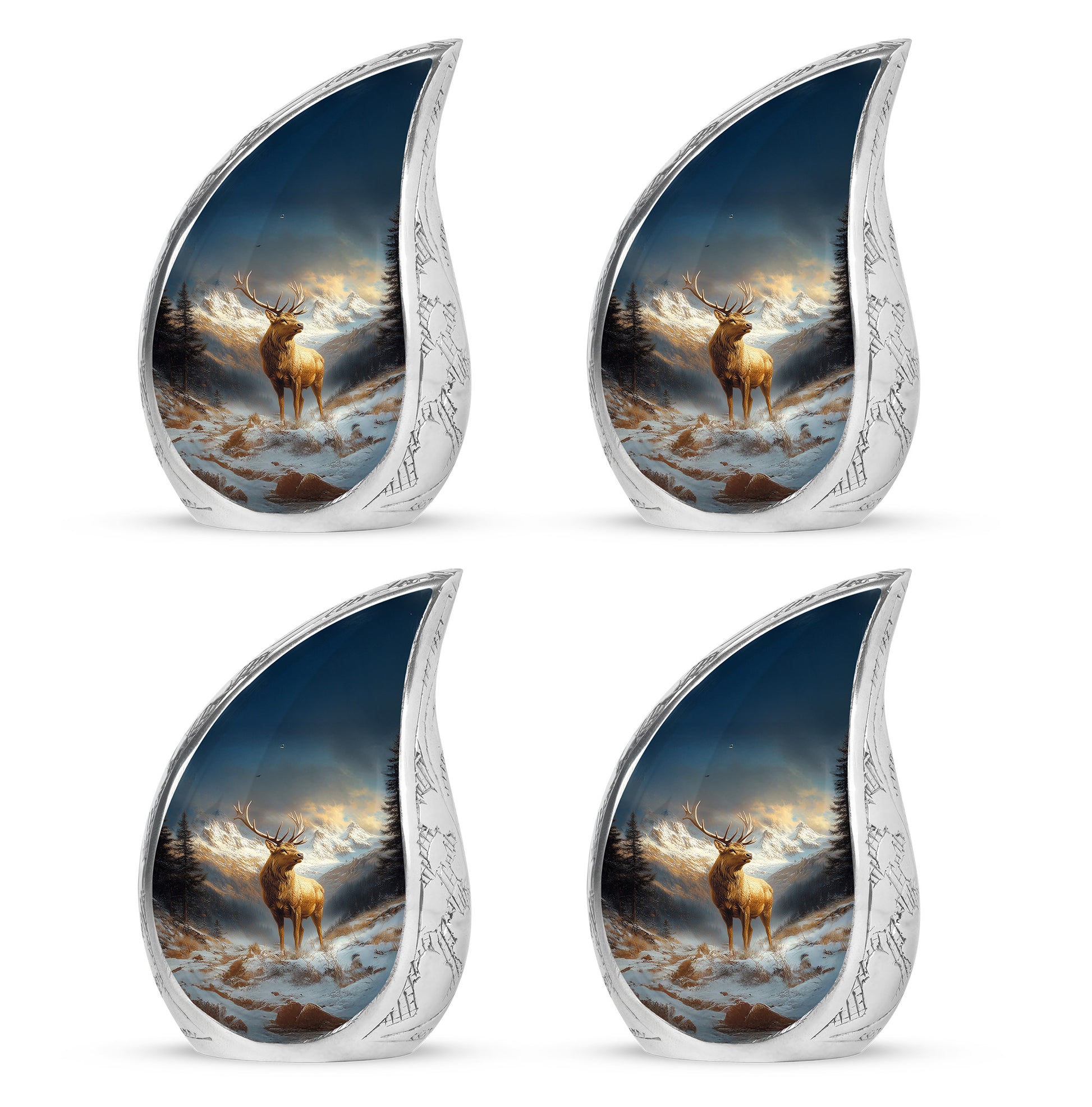 Sky Blue Deer Cremation Urn close-up of engraving and surface detail - rounded teardrop deer design with delicate detail - 10 inch aluminum urn for cremated remains
