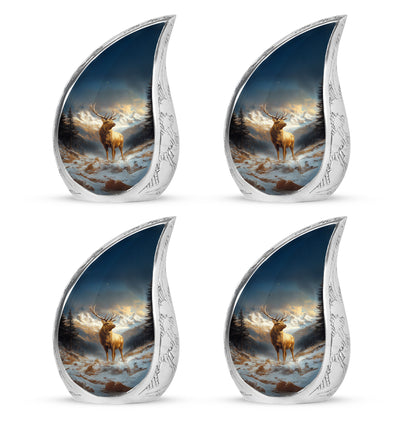 Sky Blue Deer Cremation Urn close-up of engraving and surface detail - rounded teardrop deer design with delicate detail - 10 inch aluminum urn for cremated remains