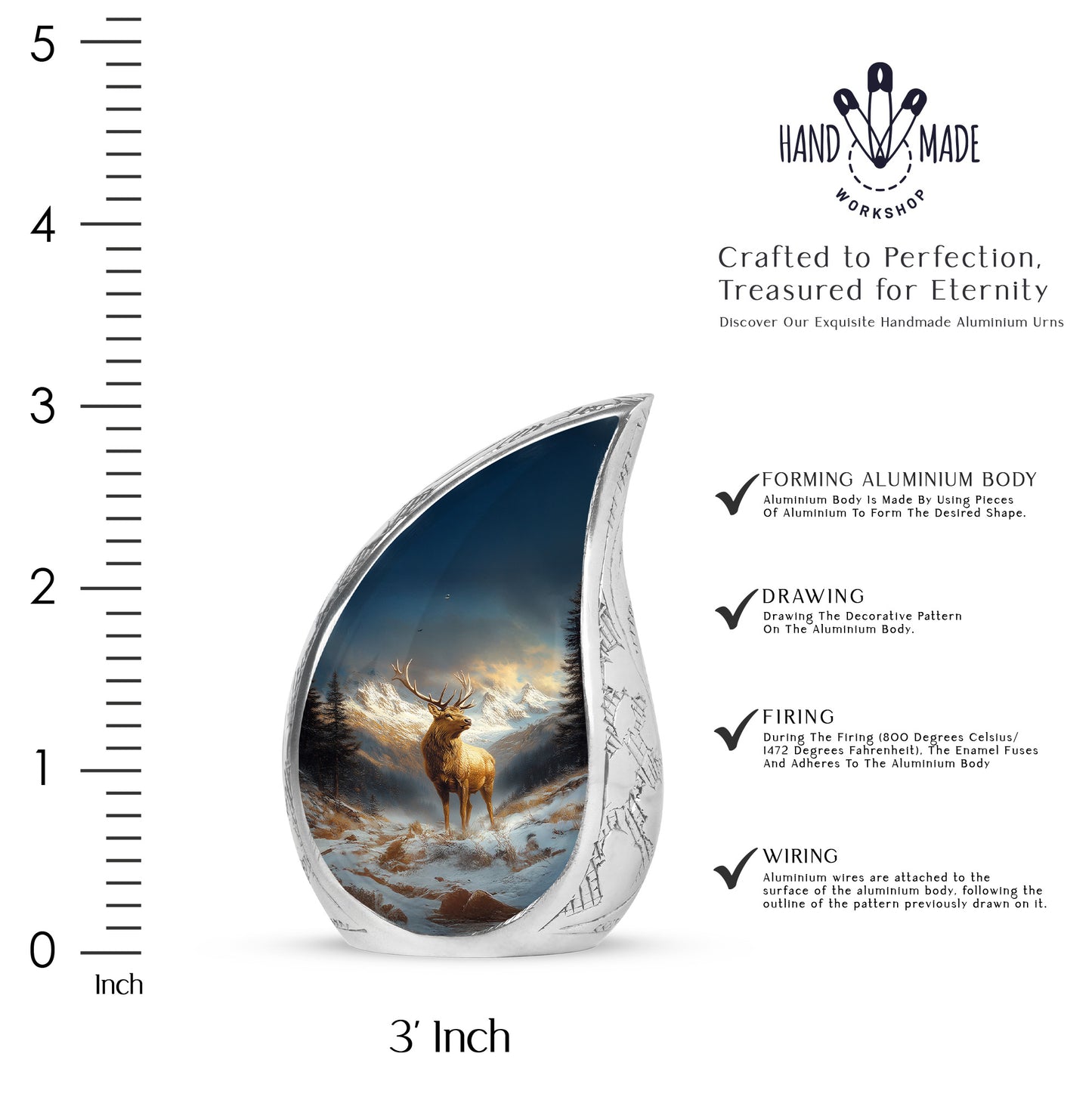 Misty Blue Deer Cremation Urn angled view of lid and engraved motif - flowing teardrop deer silhouette on curved aluminum - mini keepsake memorial for portion of cremation ashes