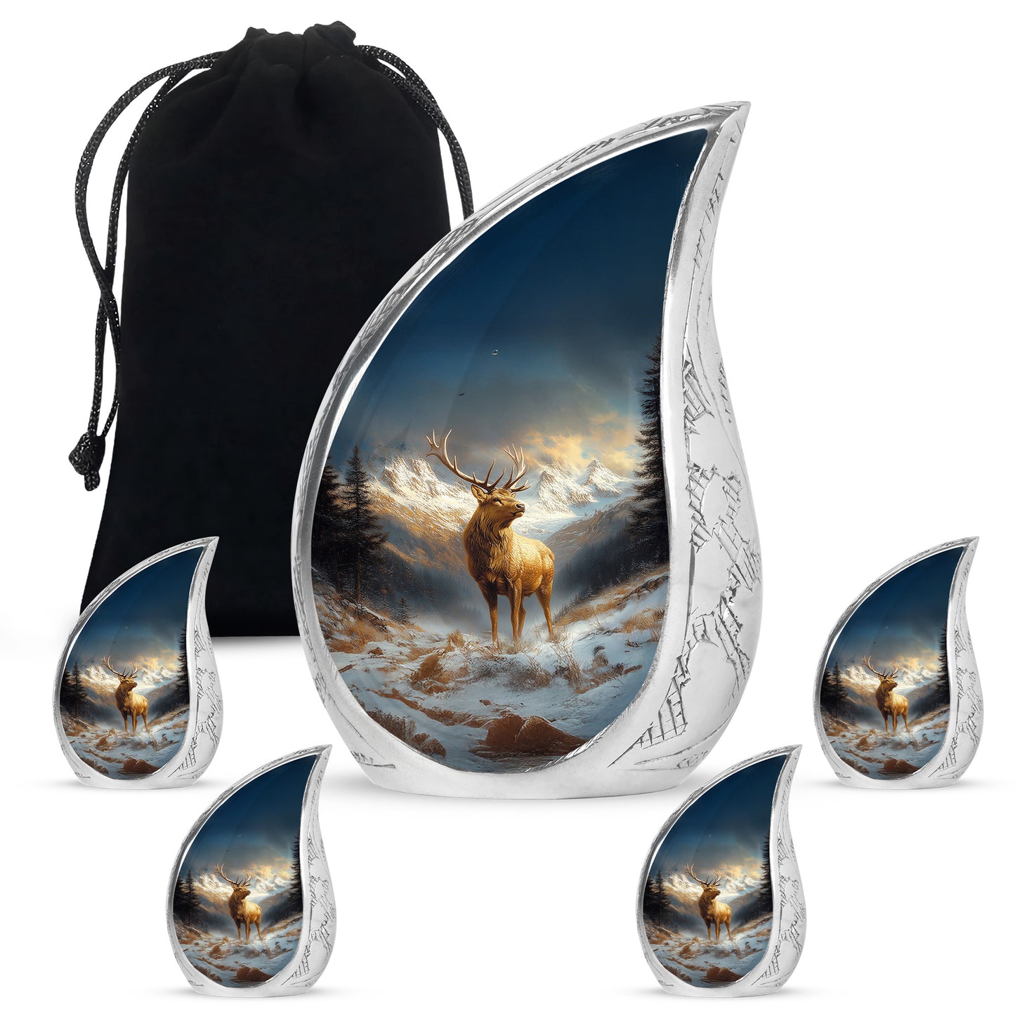 Navy Blue Deer Cremation Urn side profile showing urn shape - flowing teardrop deer silhouette on curved aluminum - memorial set with one large and four small urns
