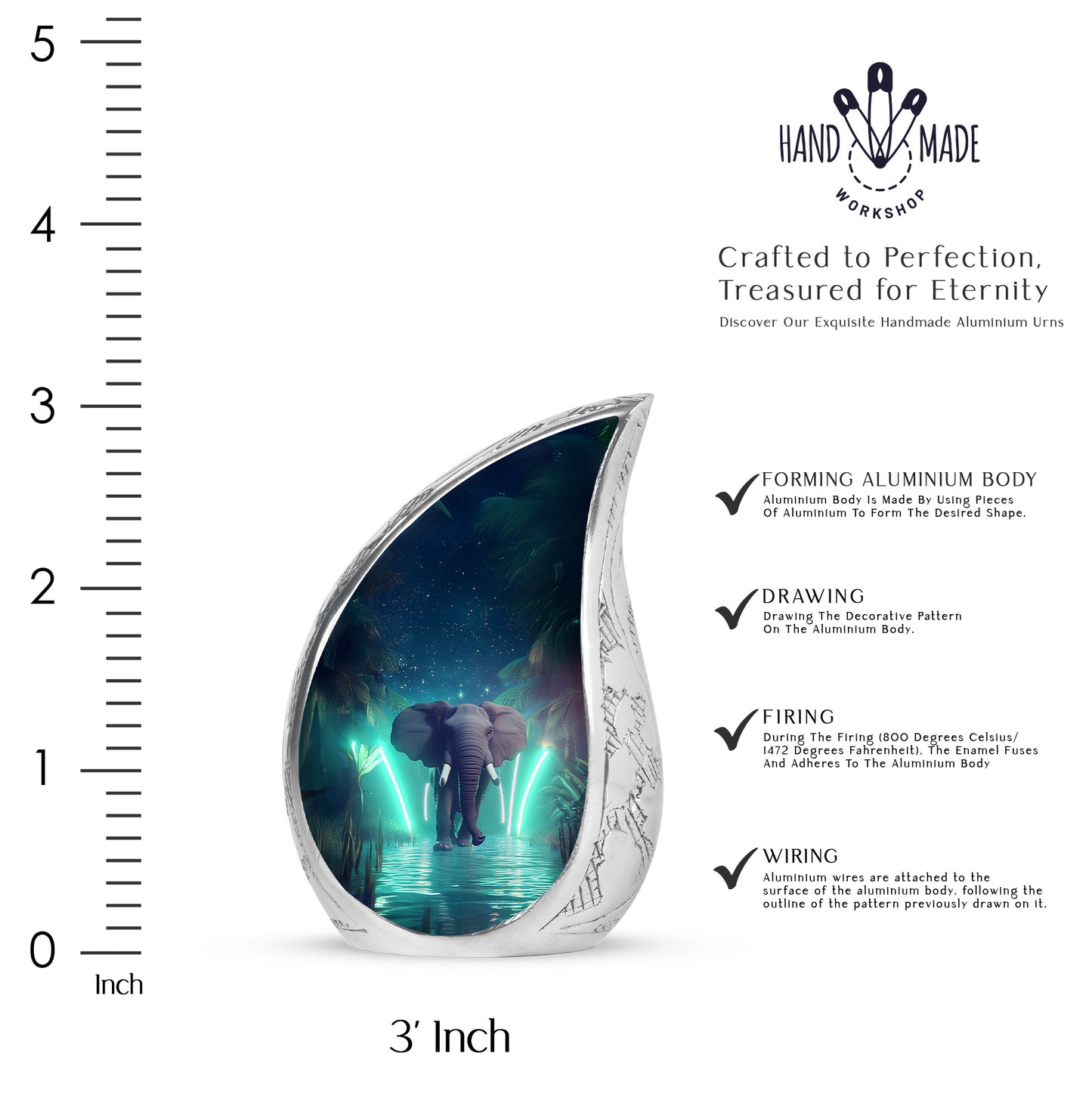 Bright Blue Elephant Cremation Urn angled view of lid and engraved motif - smooth teardrop contour featuring elephant art - mini keepsake memorial for portion of cremation ashes