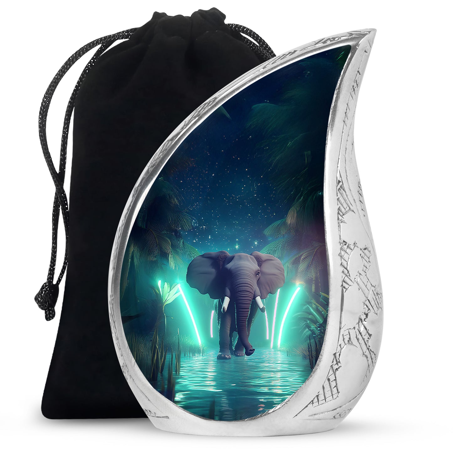 Royal Blue Elephant Cremation Urn front view showing detailed design - smooth teardrop contour featuring elephant art - full-size 10 inch 200 cubic inch adult cremation urn