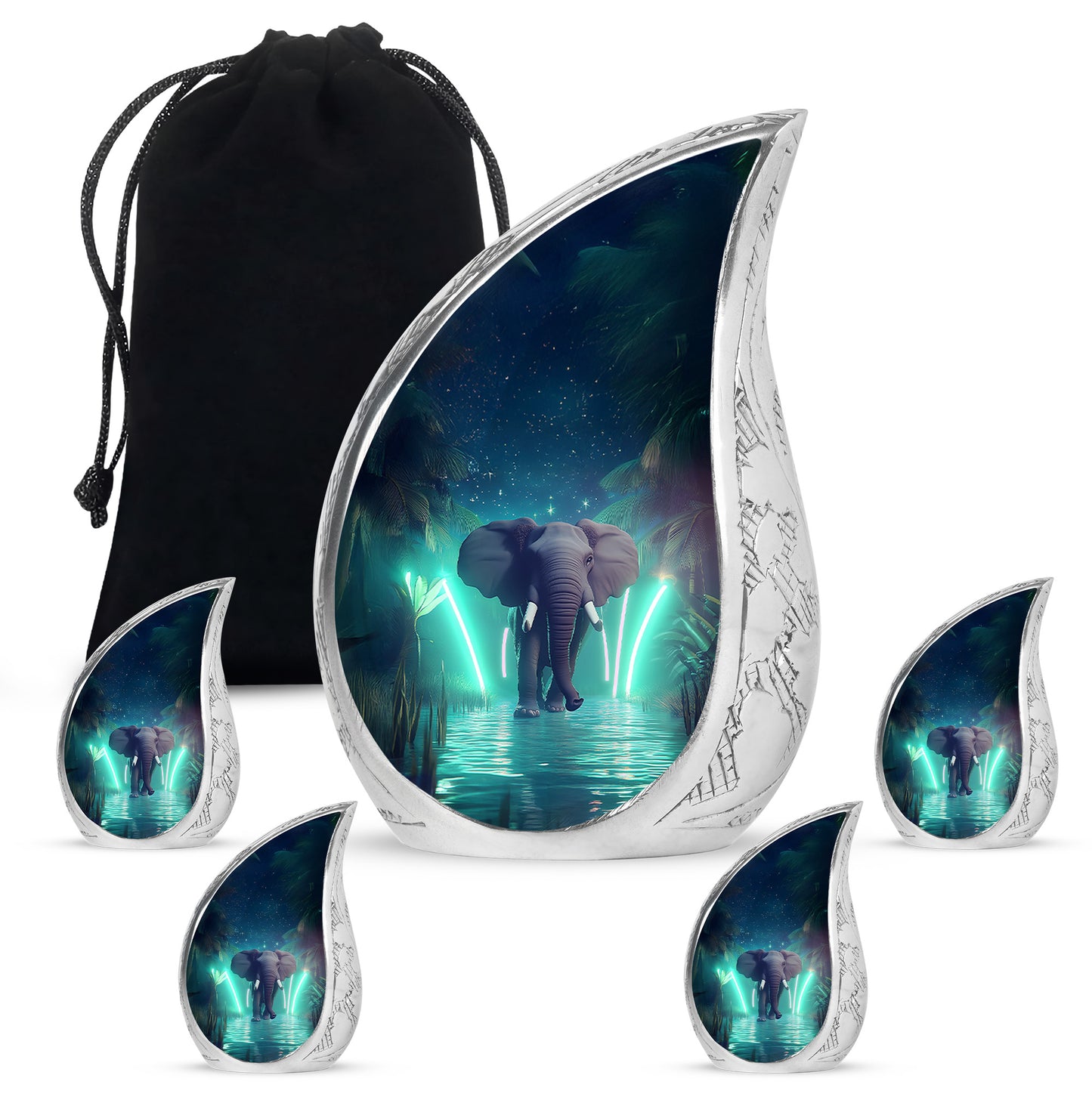 Powder Blue Elephant Cremation Urn side profile showing urn shape - flowing teardrop elephant silhouette on curved aluminum - memorial set with one large and four small urns