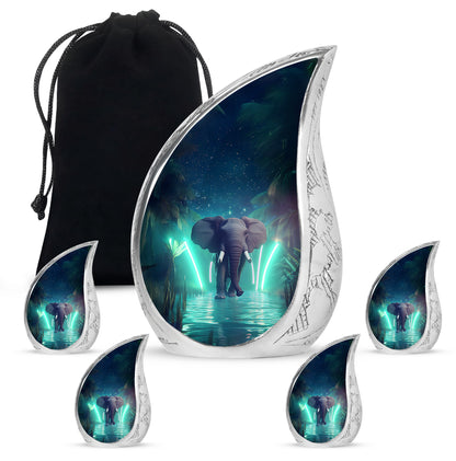 Powder Blue Elephant Cremation Urn side profile showing urn shape - flowing teardrop elephant silhouette on curved aluminum - memorial set with one large and four small urns
