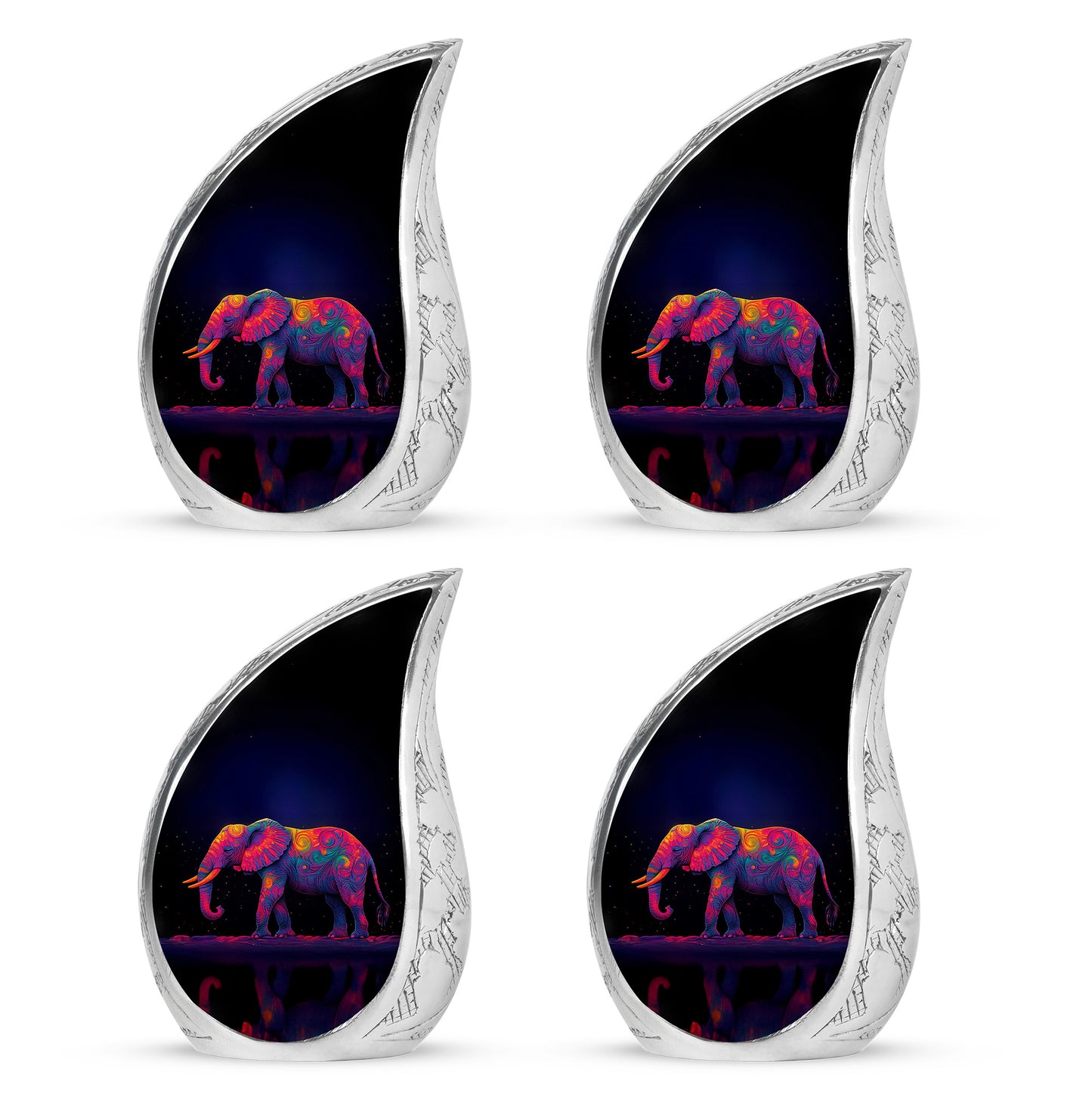 Slate Blue Elephant Cremation Urn close-up of engraving and surface detail - rounded teardrop elephant design with delicate detail - 10 inch aluminum urn for cremated remains
