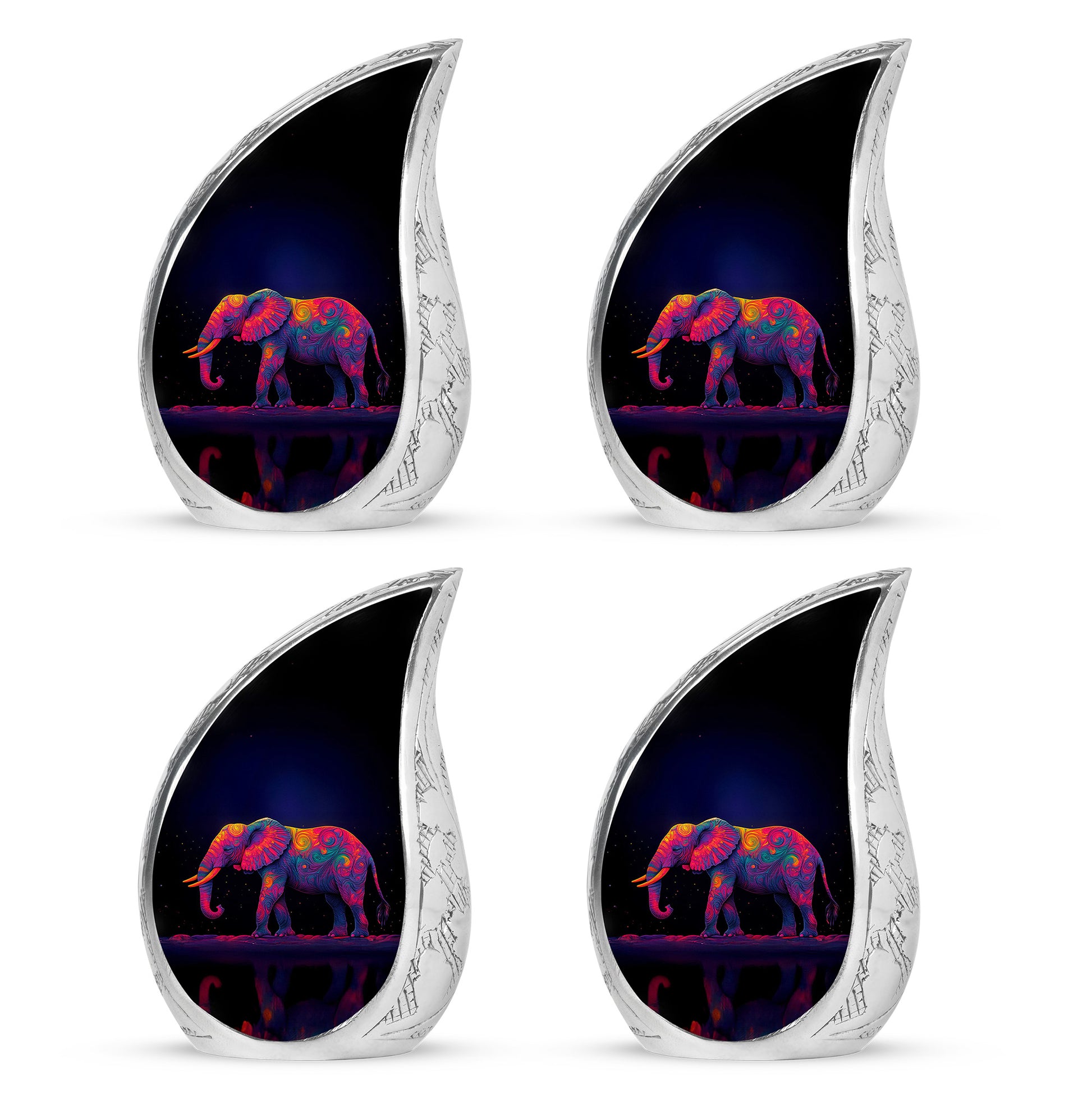 Slate Blue Elephant Cremation Urn close-up of engraving and surface detail - rounded teardrop elephant design with delicate detail - 10 inch aluminum urn for cremated remains