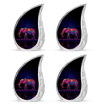 Slate Blue Elephant Cremation Urn close-up of engraving and surface detail - rounded teardrop elephant design with delicate detail - 10 inch aluminum urn for cremated remains