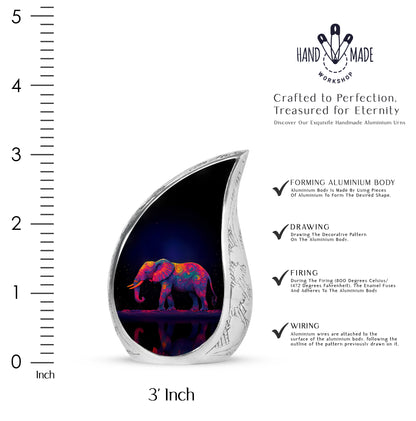 Celestial Blue Elephant Cremation Urn angled view of lid and engraved motif - flowing teardrop elephant silhouette on curved aluminum - mini keepsake memorial for portion of cremation ashes