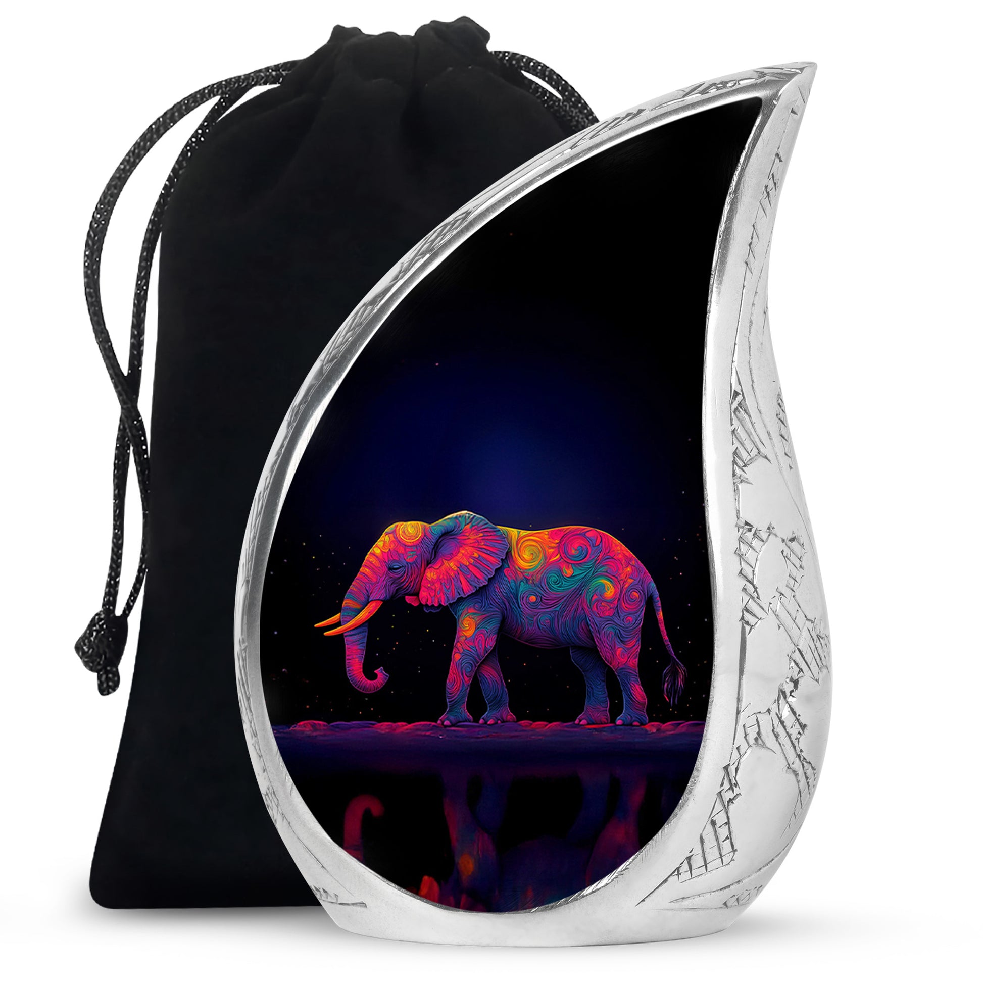 Soft Blue Elephant Cremation Urn front view showing detailed design - graceful tear-shaped urn with elephant motif - full-size 10 inch 200 cubic inch adult cremation urn