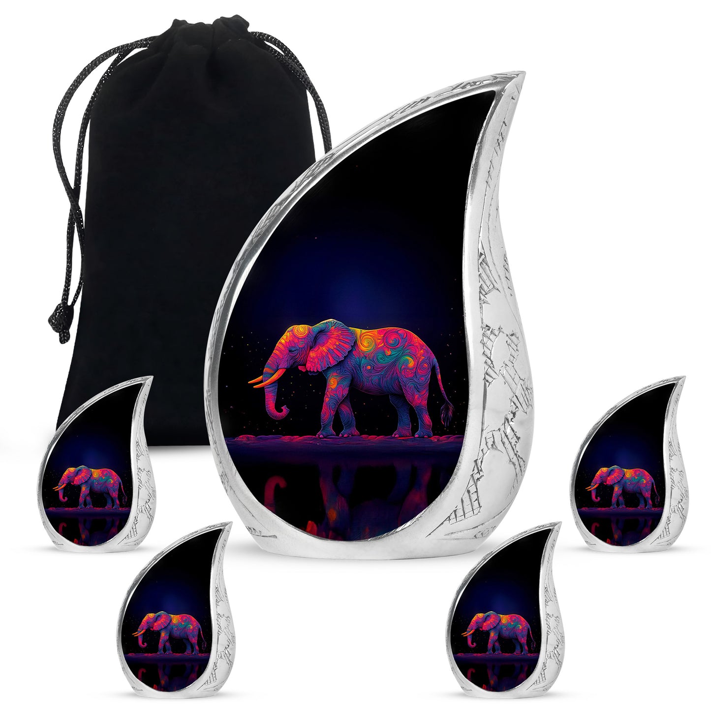 Calming Blue Elephant Cremation Urn side profile showing urn shape - graceful tear-shaped urn with elephant motif - memorial set with one large and four small urns
