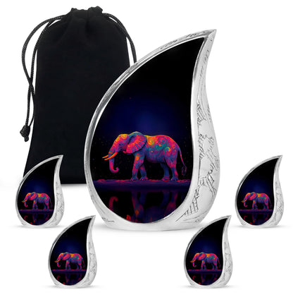 Calming Blue Elephant Cremation Urn side profile showing urn shape - graceful tear-shaped urn with elephant motif - memorial set with one large and four small urns