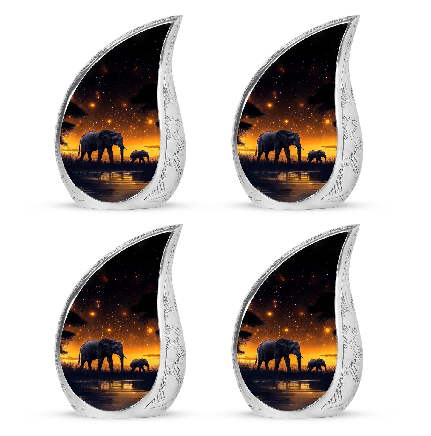 Dark Black Elephant Cremation Urn close-up of engraving and surface detail - smooth teardrop contour featuring elephant art - 10 inch aluminum urn for cremated remains