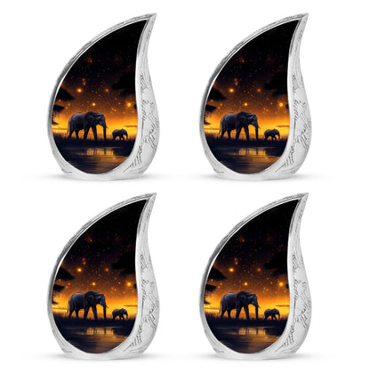 Dark Black Elephant Cremation Urn close-up of engraving and surface detail - smooth teardrop contour featuring elephant art - 10 inch aluminum urn for cremated remains