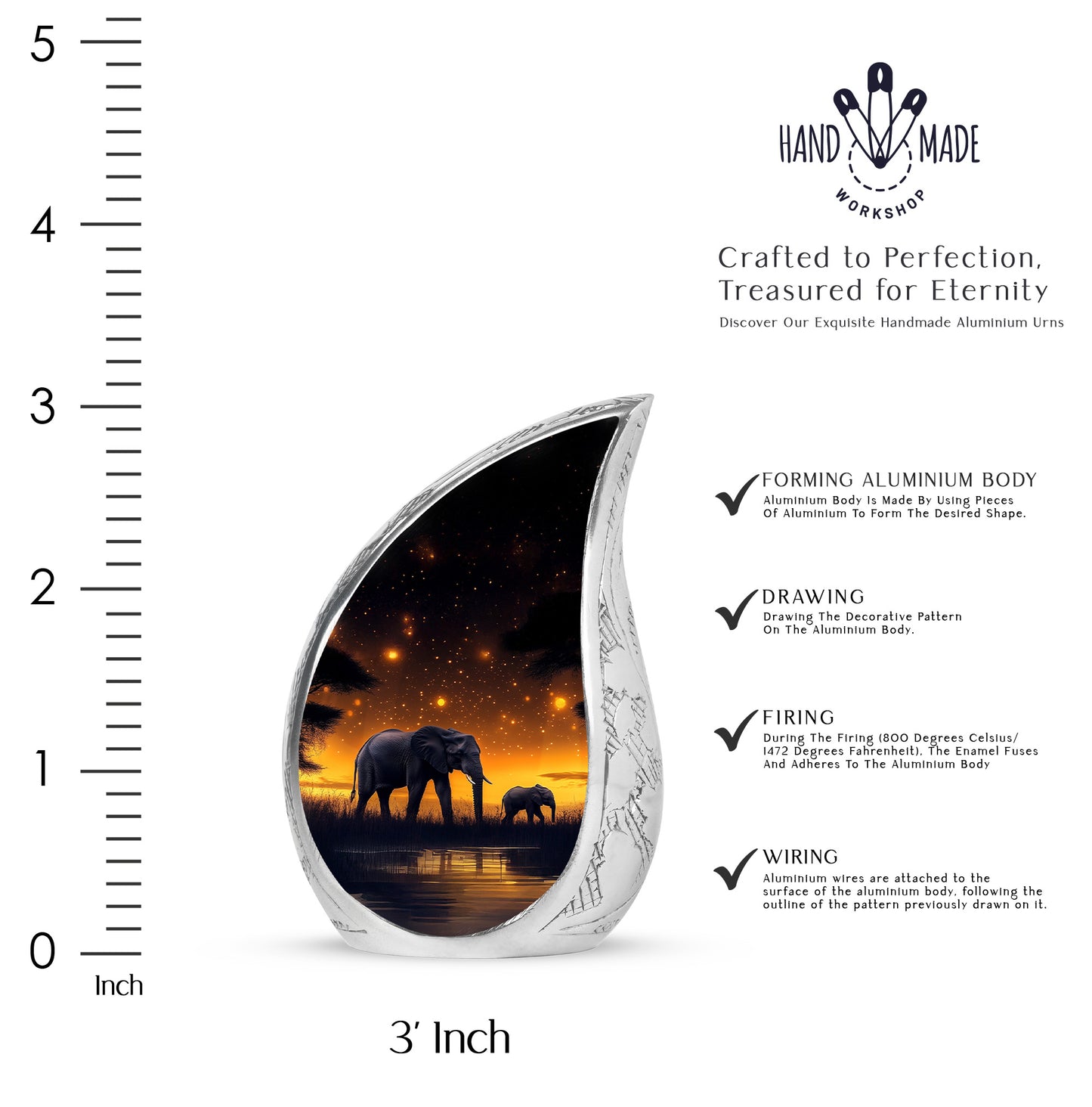 Obsidian Black Elephant Cremation Urn angled view of lid and engraved motif - smooth teardrop contour featuring elephant art - mini keepsake memorial for portion of cremation ashes