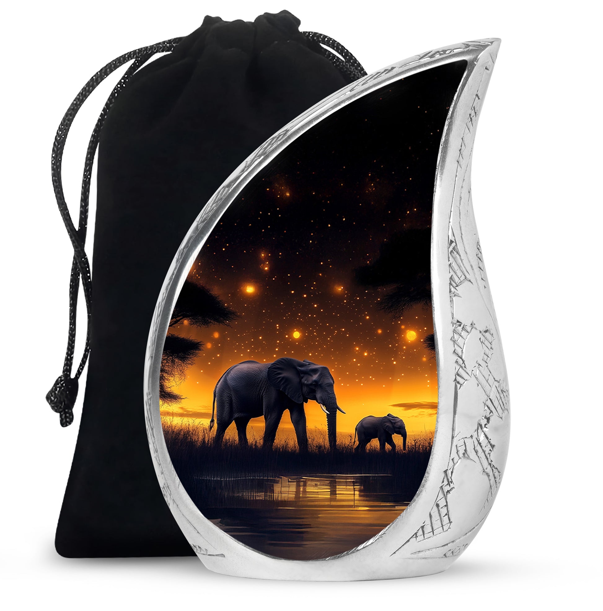 Rich Black Elephant Cremation Urn front view showing detailed design - flowing teardrop elephant silhouette on curved aluminum - full-size 10 inch 200 cubic inch adult cremation urn