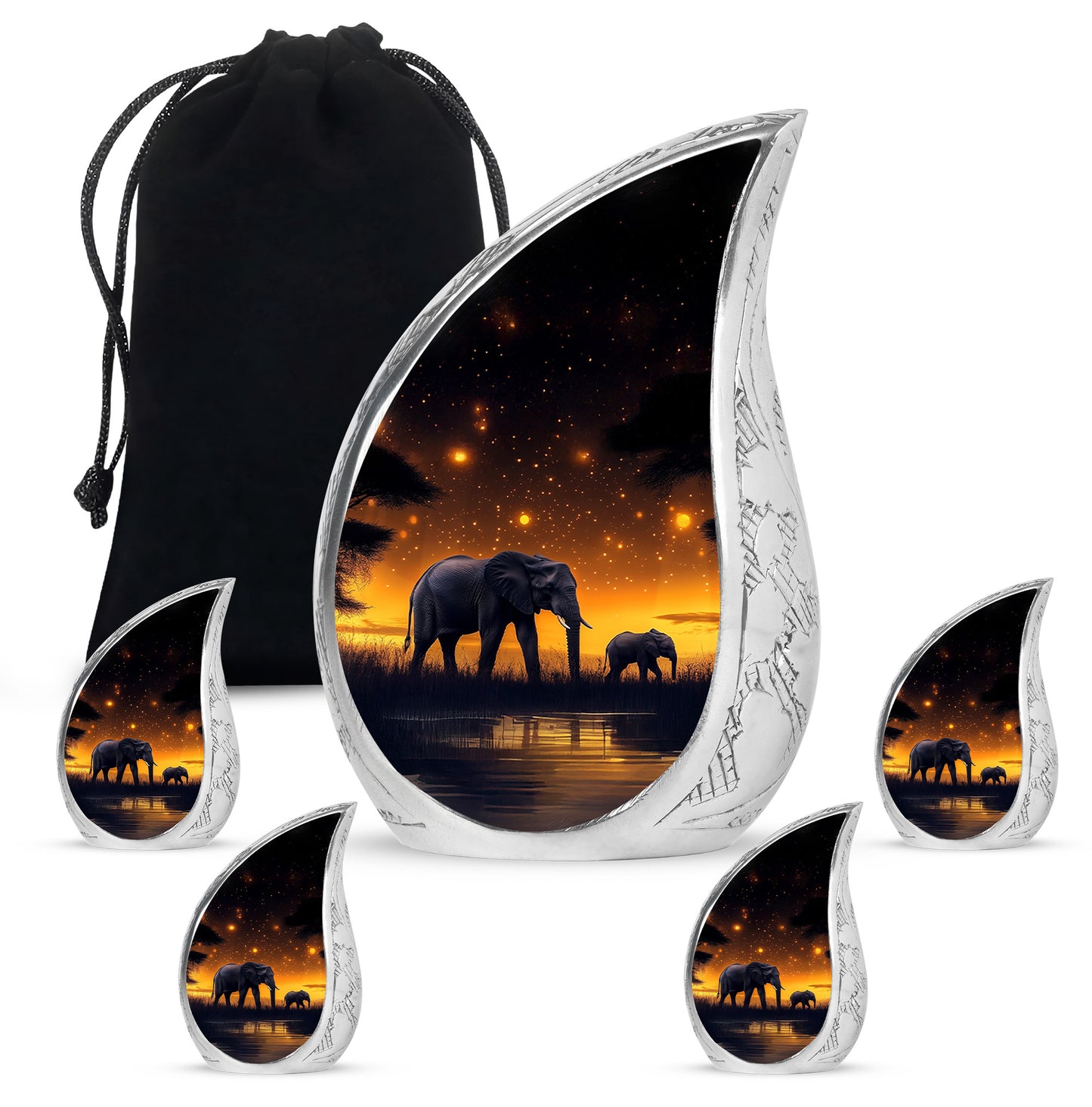 Midnight Black Elephant Cremation Urn side profile showing urn shape - smooth teardrop contour featuring elephant art - memorial set with one large and four small urns