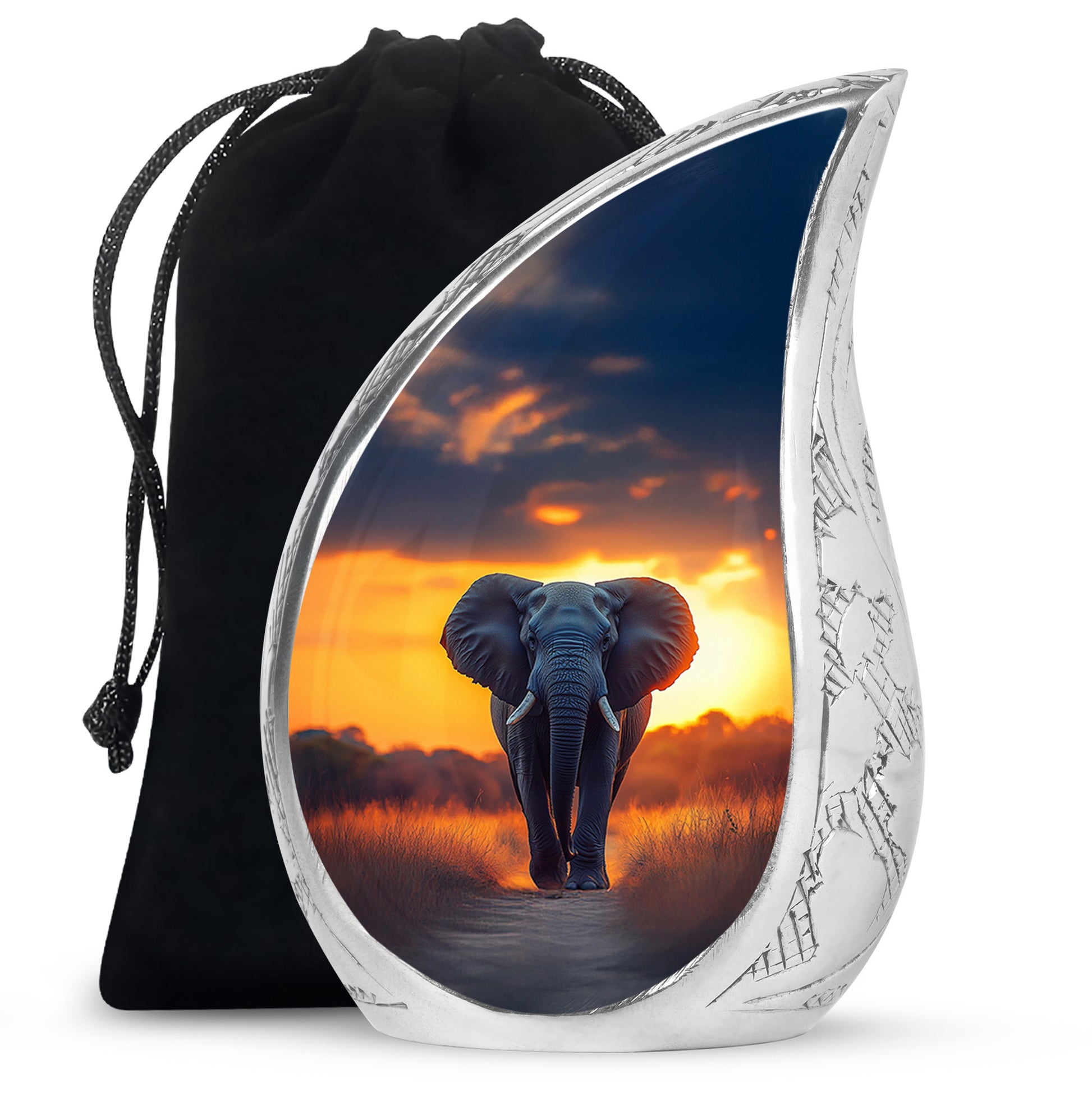 Cornflower Blue Elephant Cremation Urn front view showing detailed design - smooth teardrop contour featuring elephant art - full-size 10 inch 200 cubic inch adult cremation urn