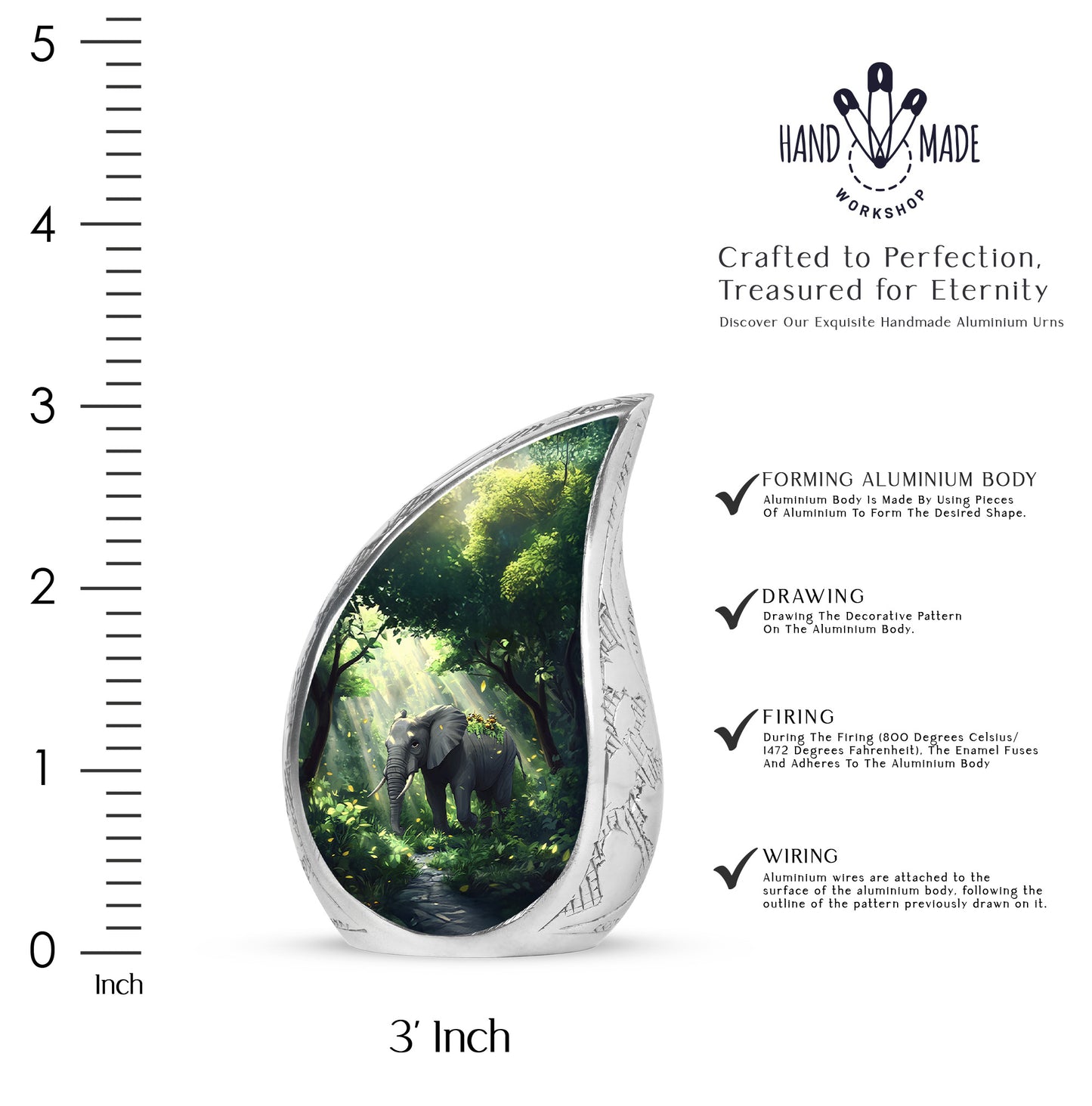 Sea Green Teal Elephant Cremation Urn angled view of lid and engraved motif - flowing teardrop elephant silhouette on curved aluminum - mini keepsake memorial for portion of cremation ashes