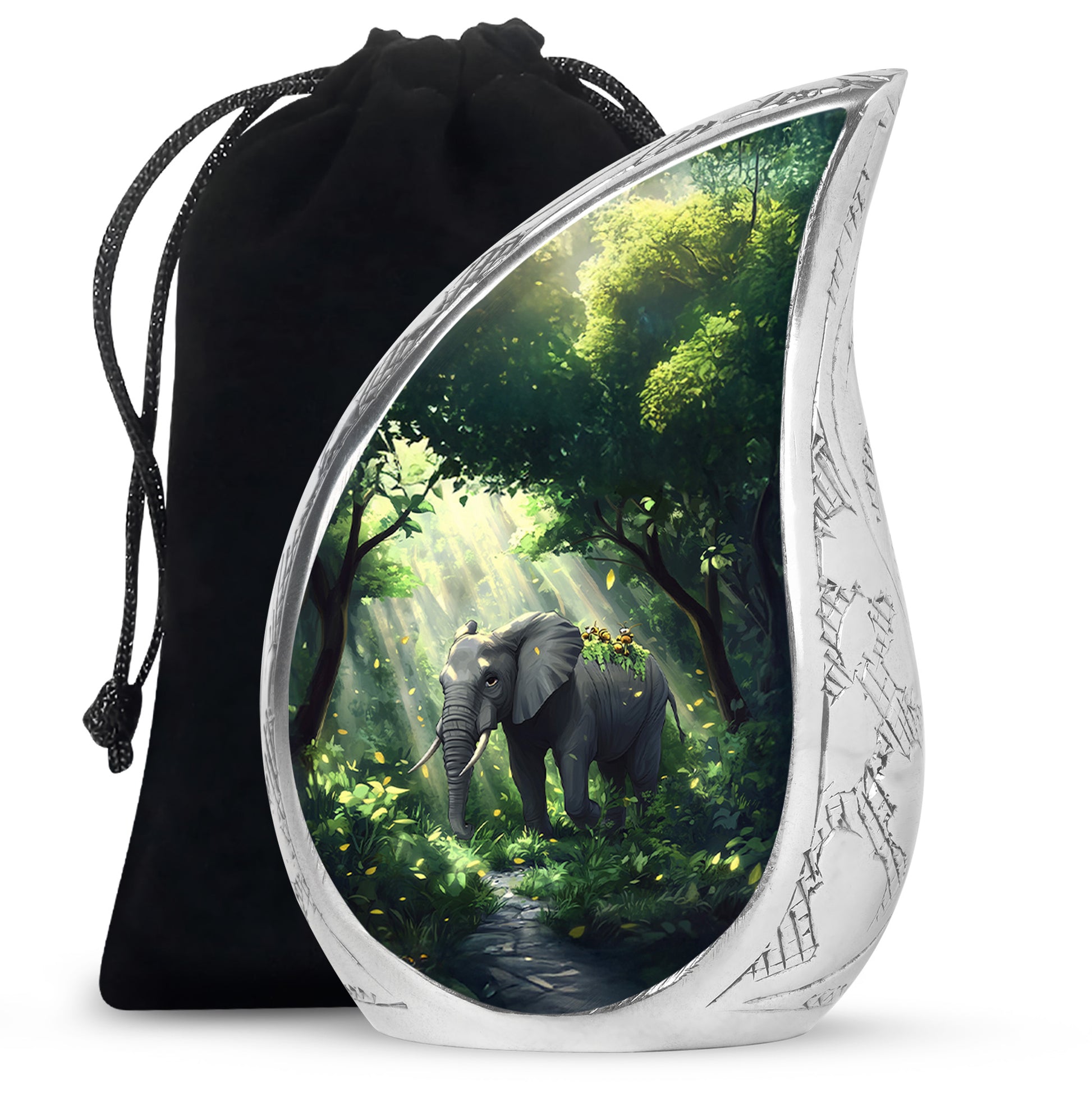 Cool Teal Elephant Cremation Urn front view showing detailed design - flowing teardrop elephant silhouette on curved aluminum - full-size 10 inch 200 cubic inch adult cremation urn