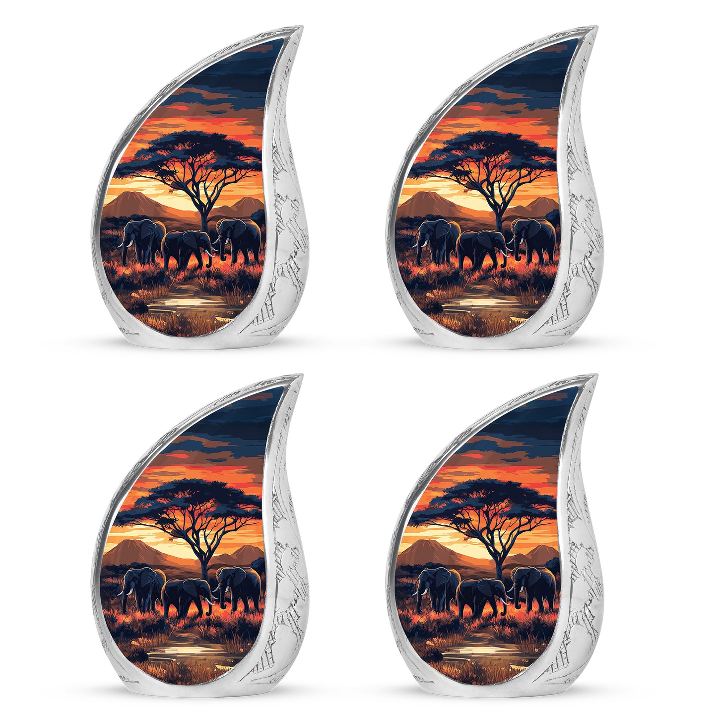 Fiery Red Elephant Cremation Urn close-up of engraving and surface detail - smooth teardrop contour featuring elephant art - 10 inch aluminum urn for cremated remains