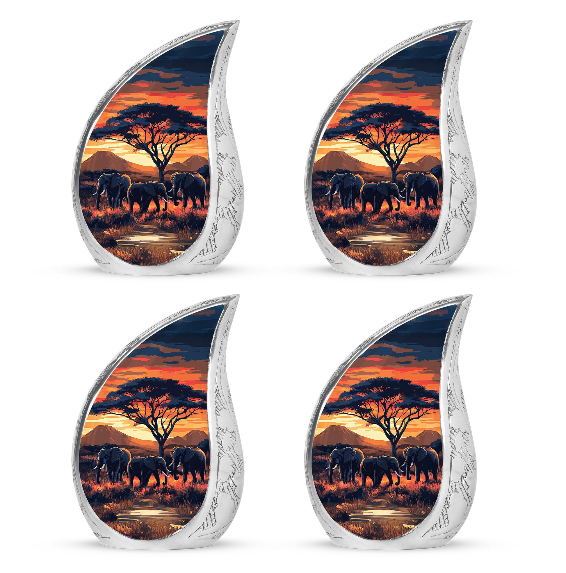 Fiery Red Elephant Cremation Urn close-up of engraving and surface detail - smooth teardrop contour featuring elephant art - 10 inch aluminum urn for cremated remains