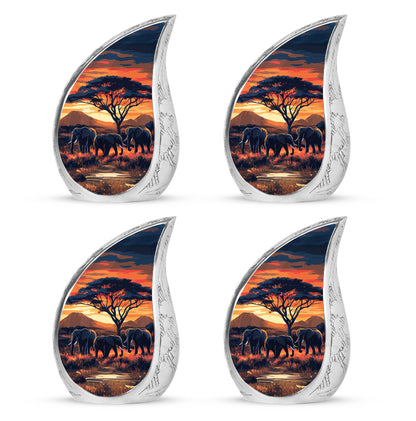 Fiery Red Elephant Cremation Urn close-up of engraving and surface detail - smooth teardrop contour featuring elephant art - 10 inch aluminum urn for cremated remains