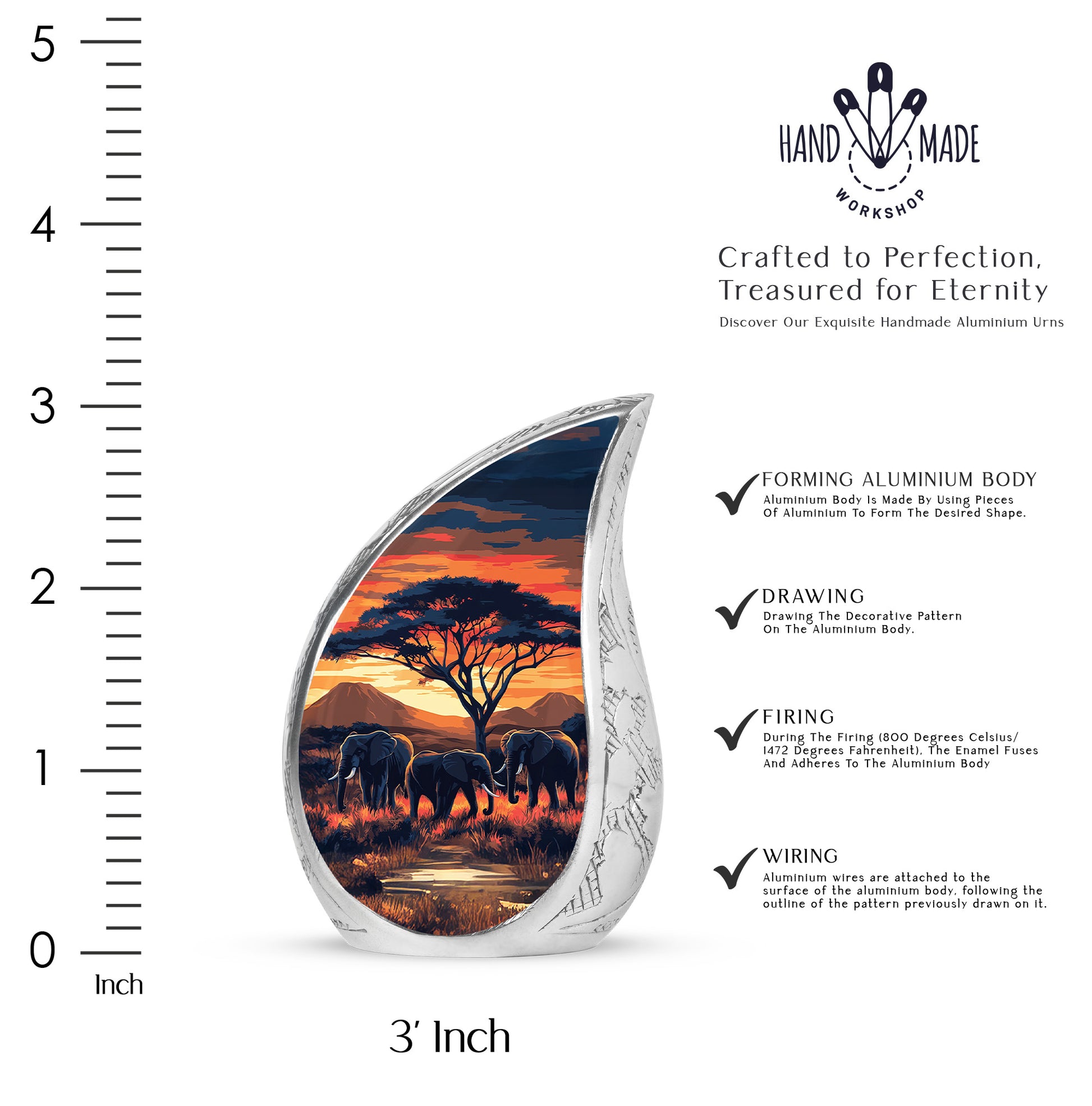 Crimson Red Elephant Cremation Urn angled view of lid and engraved motif - rounded teardrop elephant design with delicate detail - mini keepsake memorial for portion of cremation ashes