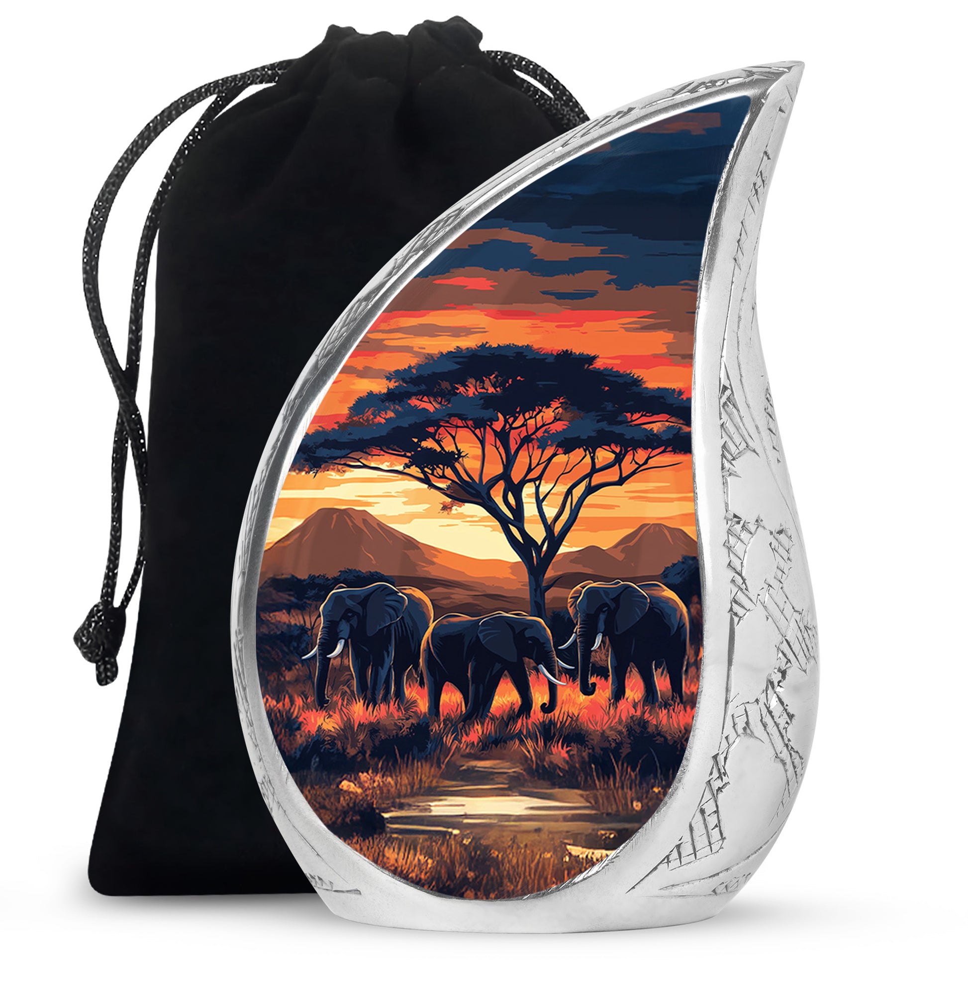 Scarlet Red Elephant Cremation Urn front view showing detailed design - graceful tear-shaped urn with elephant motif - full-size 10 inch 200 cubic inch adult cremation urn
