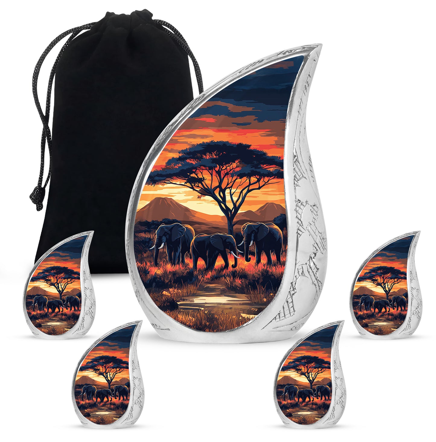Cherry Red Elephant Cremation Urn side profile showing urn shape - smooth teardrop contour featuring elephant art - memorial set with one large and four small urns