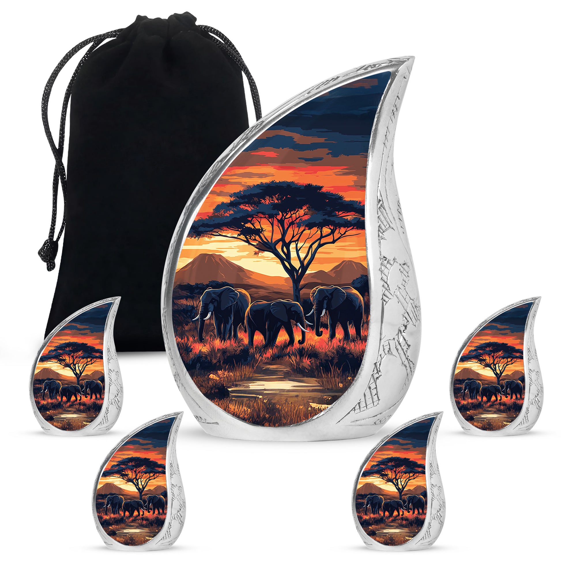 Cherry Red Elephant Cremation Urn side profile showing urn shape - smooth teardrop contour featuring elephant art - memorial set with one large and four small urns