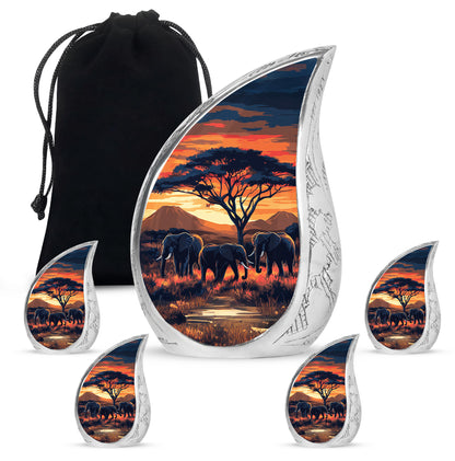 Cherry Red Elephant Cremation Urn side profile showing urn shape - smooth teardrop contour featuring elephant art - memorial set with one large and four small urns