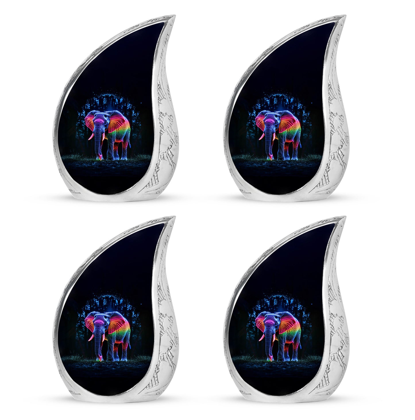 Jet Black Elephant Cremation Urn close-up of engraving and surface detail - rounded teardrop elephant design with delicate detail - 10 inch aluminum urn for cremated remains