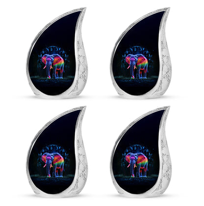 Jet Black Elephant Cremation Urn close-up of engraving and surface detail - rounded teardrop elephant design with delicate detail - 10 inch aluminum urn for cremated remains