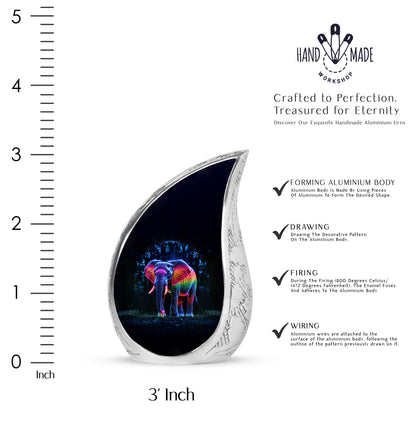 Midnight Black Elephant Cremation Urn angled view of lid and engraved motif - smooth teardrop contour featuring elephant art - mini keepsake memorial for portion of cremation ashes