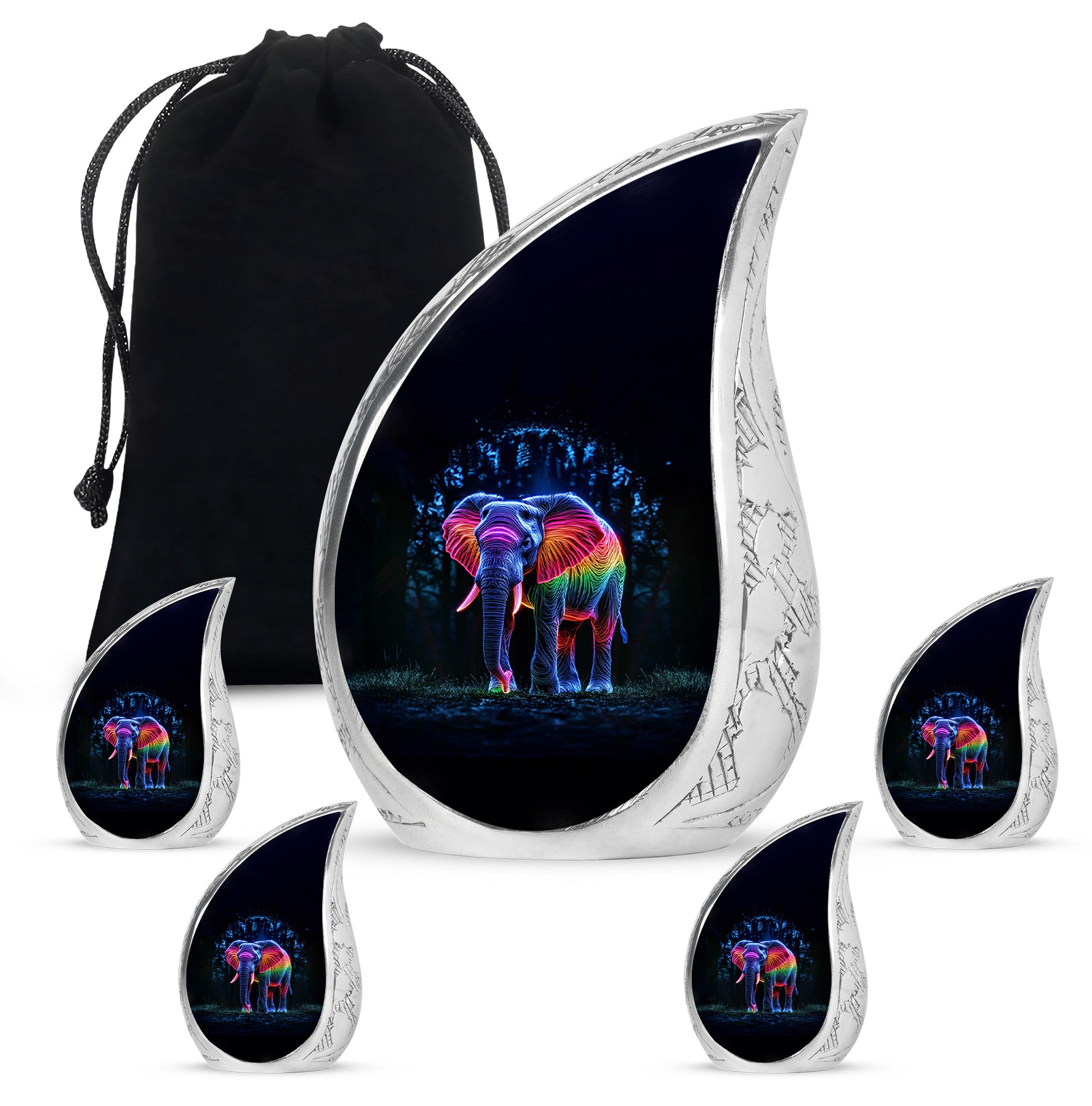 Onyx Black Elephant Cremation Urn side profile showing urn shape - smooth teardrop contour featuring elephant art - memorial set with one large and four small urns