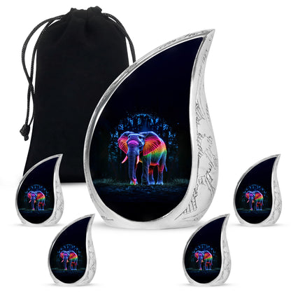 Onyx Black Elephant Cremation Urn side profile showing urn shape - smooth teardrop contour featuring elephant art - memorial set with one large and four small urns