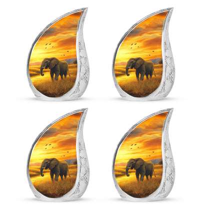 Burnished Gold Elephant Cremation Urn close-up of engraving and surface detail - graceful tear-shaped urn with elephant motif - 10 inch aluminum urn for cremated remains